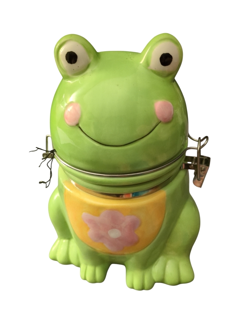 Green Frog Ceramic Jar with Yellow Accents